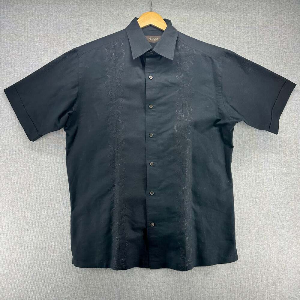 Tasso Elba Black Linen Blend Embroidered Short Sleeve Button Down Shirt S